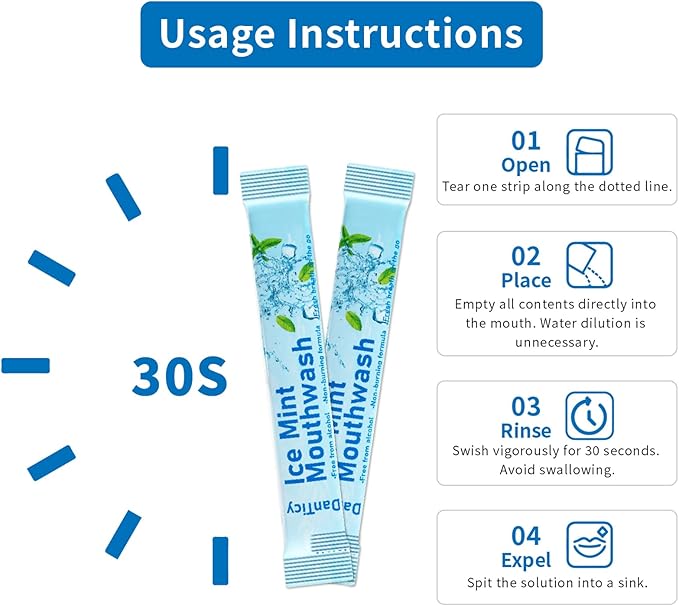 Mouthwash Travel Size, Alcohol-Free Mouthwash, Portable, Fresh Breath, Mini Packets, Ice Mint, 30 Individual Disposable Packets