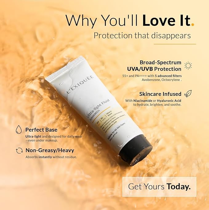 L'E'X'IQUÉE Ultra-Light Mineral-Based Sunscreen SPF 55+ PA++++ | No White Cast Fluid for Face | Non-Greasy Facial Sunscreen with Niacinamide & Hyaluronic Acid | Men & Women | 1.69 fl oz