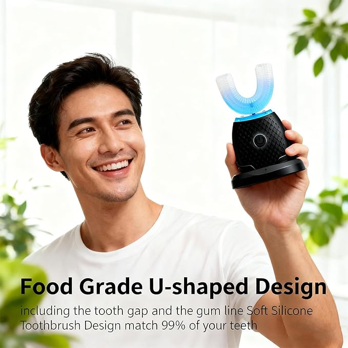 U-Shaped Electric Toothbrush for Adults, Hands-Free Auto Teeth Cleaner with 360° Ultrasonic & Foam Mousse, 4 Brush Heads, LED Light & Charging Base Kit (Black)