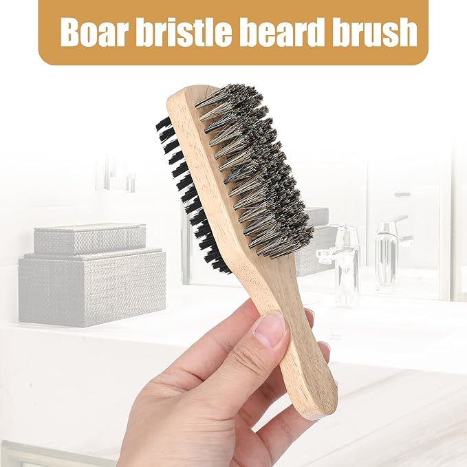 Double Sided Beard Brush, Imitation Bristle with Rubber Wood Handle for Men, Mustache Brushes, Shaving Brush Facial Hair Brushes Beard Grooming Tool for Grooming Slick Back Hair