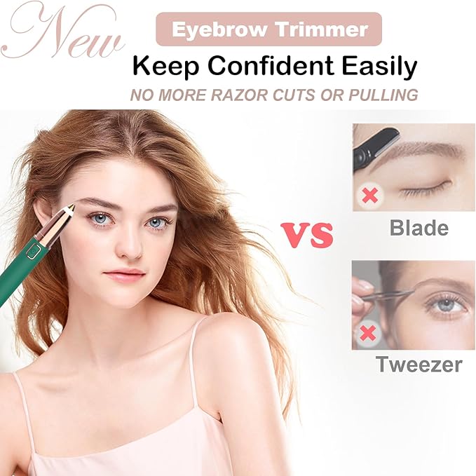 Eyebrow Trimmer for Women - Electric Eye Brow Razor with LED Light Painless & Easy Clean for Eyebrows Face Nose Ear Hair Chin Lips Peach Fuzz Bikini Lines & Other Detailing - Battery Operated (Green)