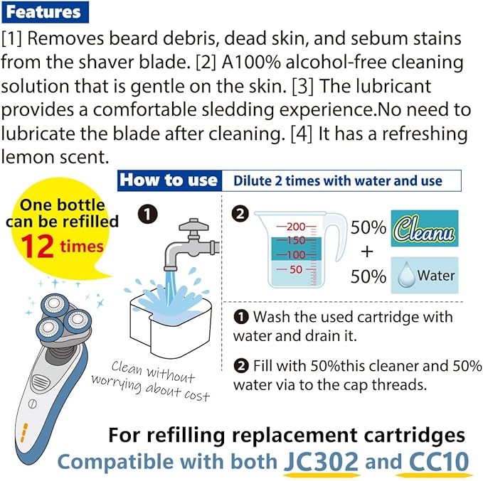 Cleanu – Automatic Shaver Cleaning Solution – 1L Refill for 12 Cleaning Cycles – Made in Japan