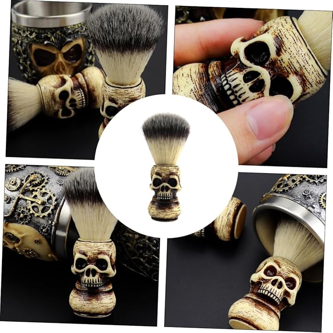 1Pc Skull Pattern Badger Hair Beard Brush for Men Portable Shaving Brush with Durable Handle Stylish Grooming Tool for Softening Beard and Easy Travel