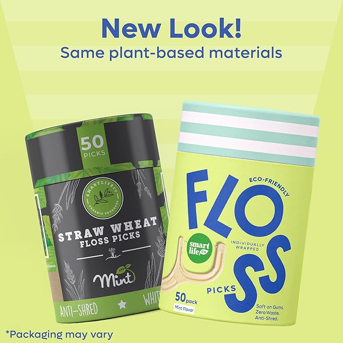 Individually Wrapped Dental Floss Picks (50ct) - Eco-Friendly Flosser Handle Made with Straw Wheat Blend | Great for Travel | PFA Free | Toothpick Stick Soft On Gums & Teeth | Vegan | Mint