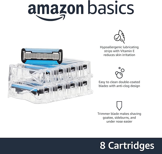 Amazon Basics 5-Blade MotionSphere Razor Refills for Men with Dual Lubrication and Precision Beard Trimmer, 8 Cartridges (Fits Amazon Basics Razor Handles only) (Previously Solimo)