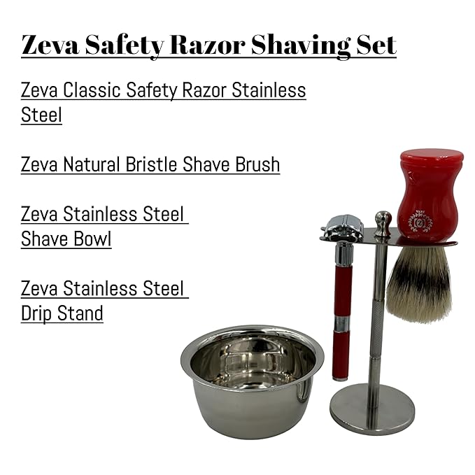 Men Safety Razor Shaving Gift Kit | Vintage Wet Shave Grooming Set for Men - Includes: Safety Razor, Hair Shaving Brush, Drip Shave Stand, Shave Soap, Bowl & Double Edge Razor Blades (Red)
