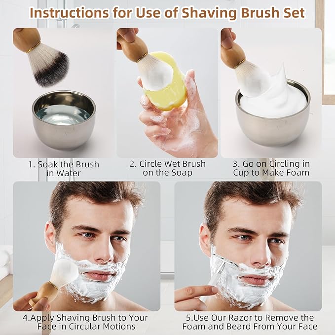 Badger Hair Shaving Brush with Wood Handle,Double Edge Safety Razor,Stainless Steel Shaving Stand and 3 Layers Shaving Bowl Perfect for Men Gift