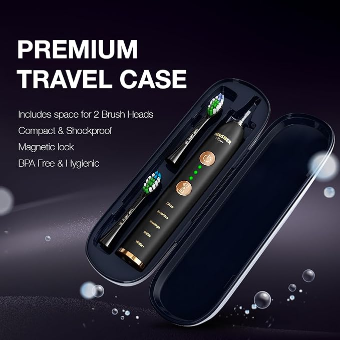 Wagner Stern WHITEN+ Edition. Whitening Electric Toothbrush with Pressure Sensor. Offers 5 Brushing Modes, 3 intensities, 8 Soft Brush Heads, and a Luxury Travel case.
