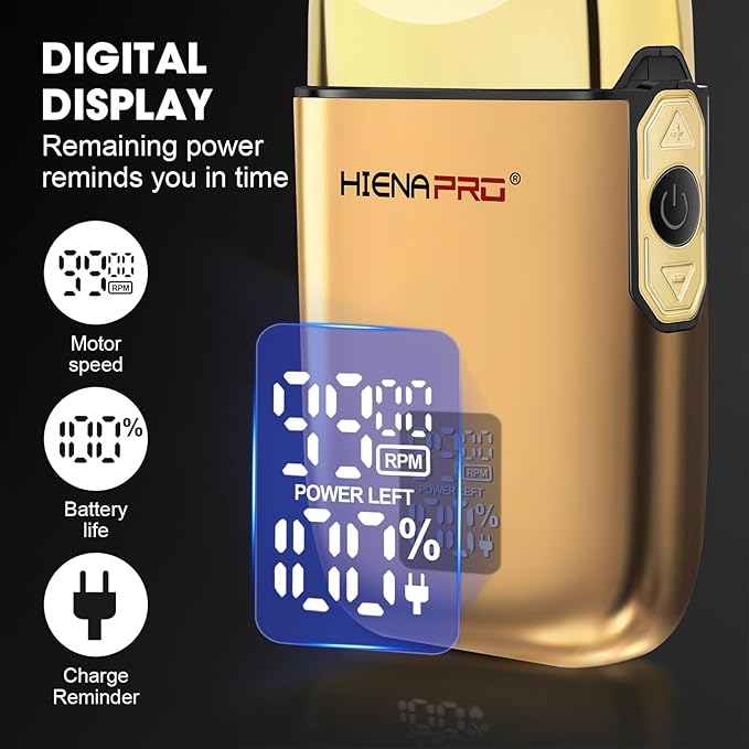 HIENA PRO Foil Shaver for Men Barber, Double Electric Foil Trimmer, Professional Electric Razor, Close Shaver, Cordless Rechargeable with USB, Detachable Design, LED Display, Gold