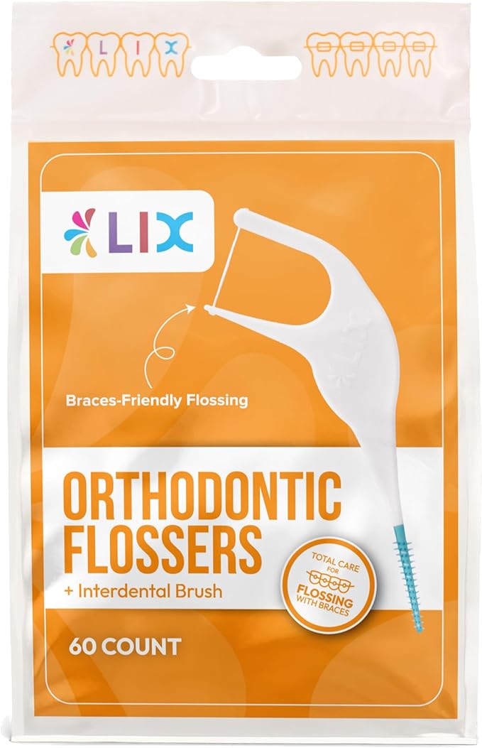 LIX Orthodontic Flossers for Braces + Interdental Brush, 60 Floss Picks Per Bag, Unflavored (60)
