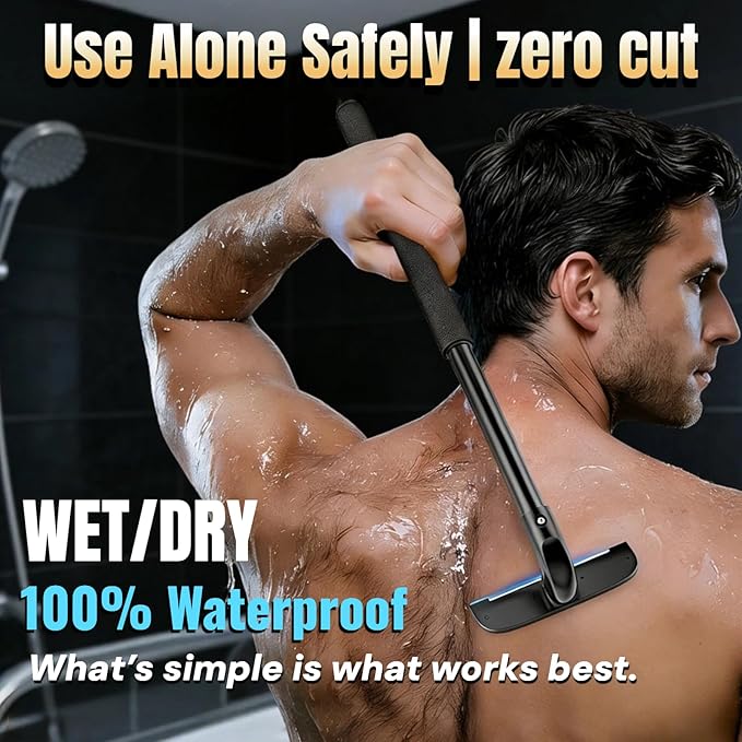 VEYLA Professional Skin-Safe Zero-Cut Back Shaver for Men, Extendable Aluminum Alloy Handle Up to 17.7 Inches, Wet & Dry Use Body Hair Trimmer and Groomer, DIY Nick-Free Mens Back Shaver (1 Pack)