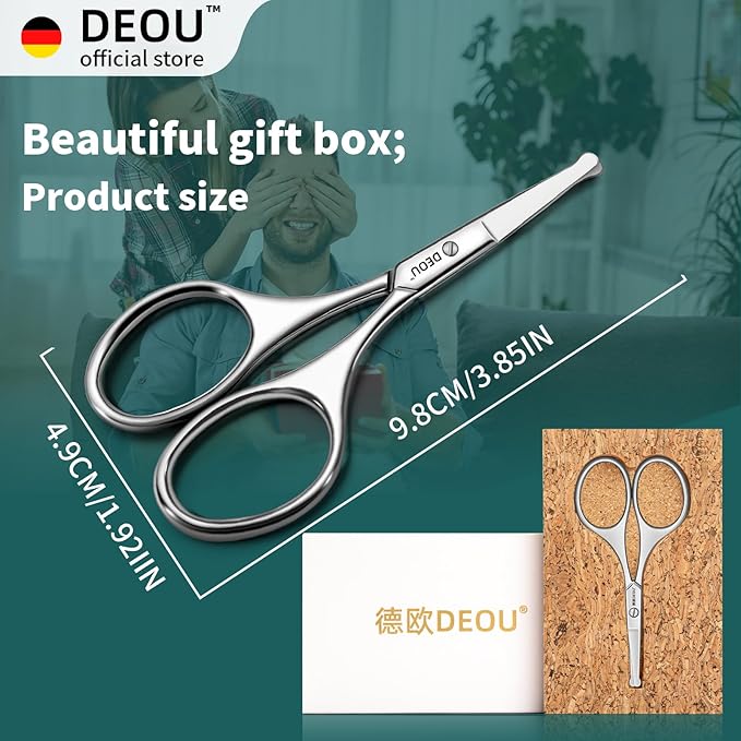 DEOU Silver Stainless Steel Round Nose Safety Scissors - Compact Facial Hair Trimming Tool for Men's Nose, Eyelashes, Eyebrows, Beard & Pet Grooming