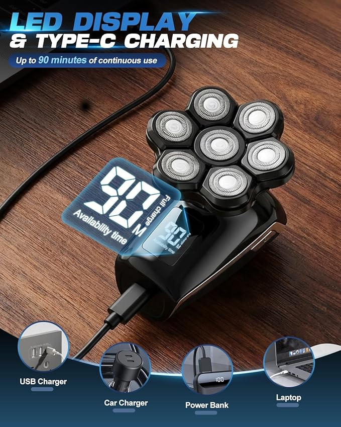 Head Shavers for Blad Men, 7D Floating Blades Electric Head Shaver, IPX7 Waterproof Wet Dry Bald Head Shaver, Magnetic Detachable Rechargable Head Shavers, Gifts for Man Male Father Husband
