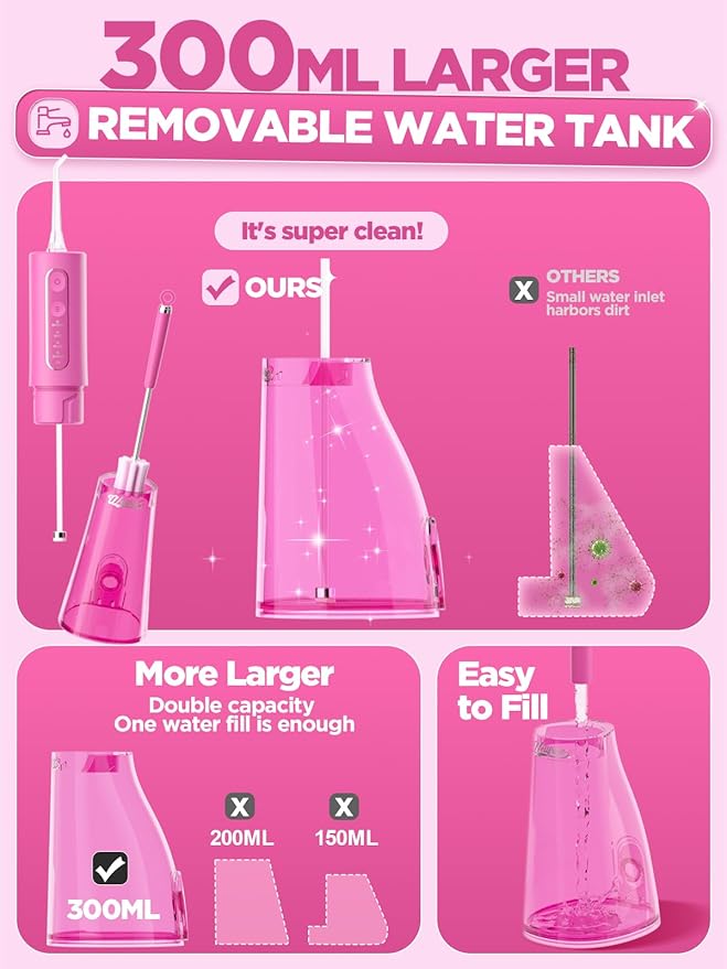 WELLFINE Water Dental Flosser Teeth Pick - 4 Modes Cordless Oral Irrigator 300ML Portable Rechargeable IPX7 Waterproof Powerful Battery Life Water Dental Piks for Cleaning for Home Travel (Magenta)