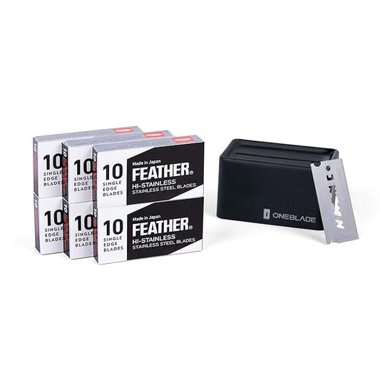 60 Feather FHS-10 Japanese Steel Razor Blades - Refill for OneBlade Core, Hybrid, & Genesis Razors - Single Blade Razor