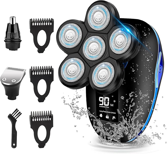 Head Shaver for Bald Men,6-in-1 Electric Shaver for Bald Head 6D Wet/Dry Waterproof Mens Electric Razor Head Shavers Mens Grooming Kit Cordless Rechargeable Face Head Shaving Rotary Shavers