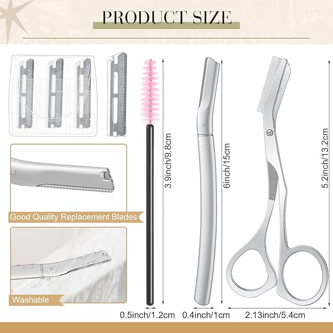 Stainless Steel Eyebrow Trimmer Set Eyebrow Grooming Scissors with Comb Dermaplane Facial Razor with 3 Blades Refills Face Grooming Razor for Women and Men