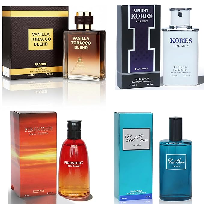 META-BOSEM Mens Cologne Set, Eau de Parfum, 4 Pack (3.4 oz / 100 mL Each), Kores, Vanilla Tobacco Blend, Cool Ocean, Firenight, Coastal Aquatic Mix, for clean workdays and polished evenings