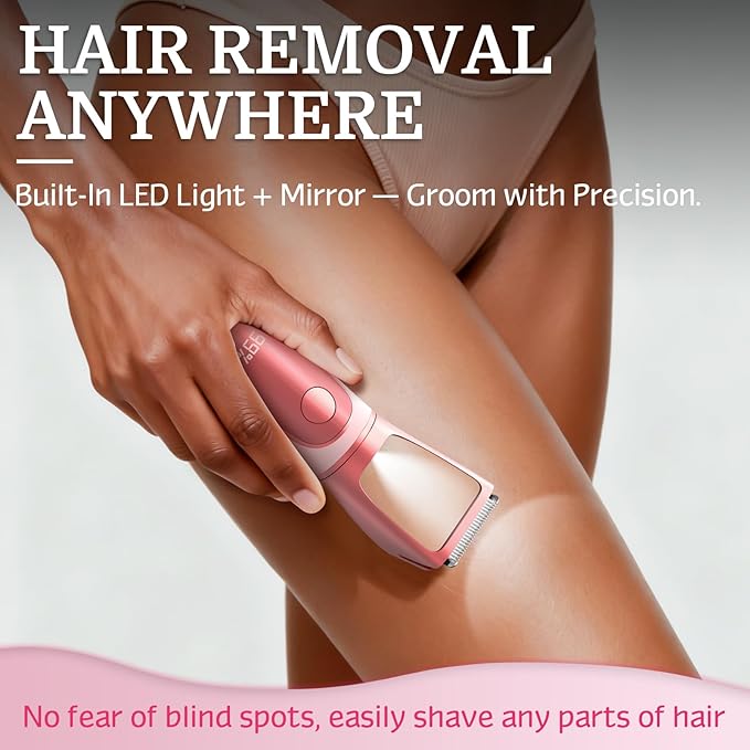 Bikini Trimmer for Women Men, 2 in 1 Electric Razors Shaver, IPX7 Waterproof Body Hair Trimmer with Mirror, LED Light & Display, Painless Pubic Hair Removal, Pink