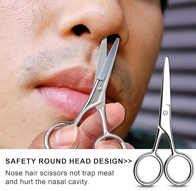FEITA Portable Nose Hair Round Tip Scissors, Men's grooming Scissor All Purpose Facial safety Metal Scissors Beauty for Woman Eyebrow, Lash, Mustache, Nail, Manicure