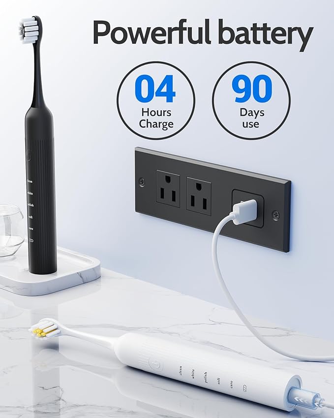 2 Pack Electric Toothbrush for Adults and Kids - Rechargeable Kids Ages 12+ and Adults with 12 Brush Heads & 2 Electric Toothbrush, 90 Days Battery Life - Black and White