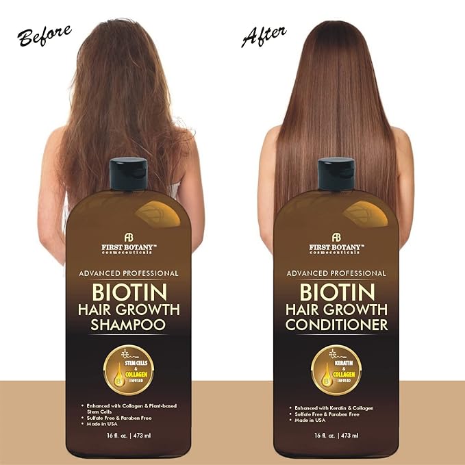 First Botany, Biotin Hair Growth Shampoo Conditioner Anti Hair Loss Thickening formula Collagen & Stem Cell For Hair Regrowth Anti Thinning Sulfate Free For Men Women Anti Dandruff Treatment 16 oz x2