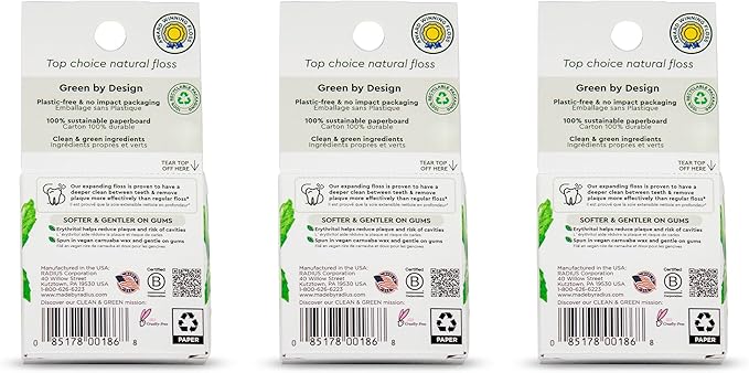 Radius Dental Floss, Sponge Floss, Peppermint, 55 Yards, Vegan & Non-Toxic Oral Care Designed to Help Fight Plaque, Pack of 3