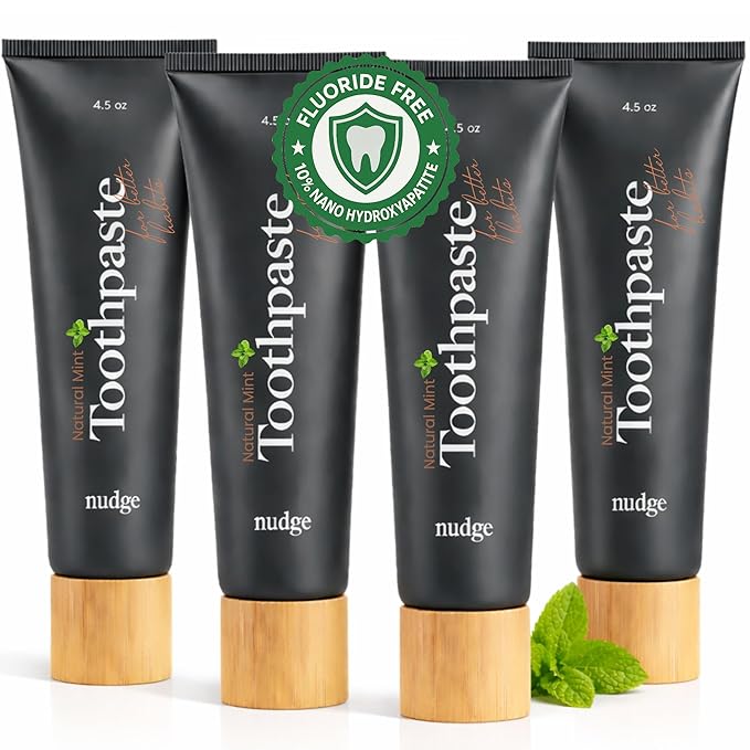 Nudge 10% Nano Hydroxyapatite Toothpaste, Remin+ with Vitamin E, Fluoride-Free, SLS Free, Helps Remineralize Enamel, Supports Dry Mouth Relief and Sensitive Teeth, Mint, 4.5 oz (Pack of 4)