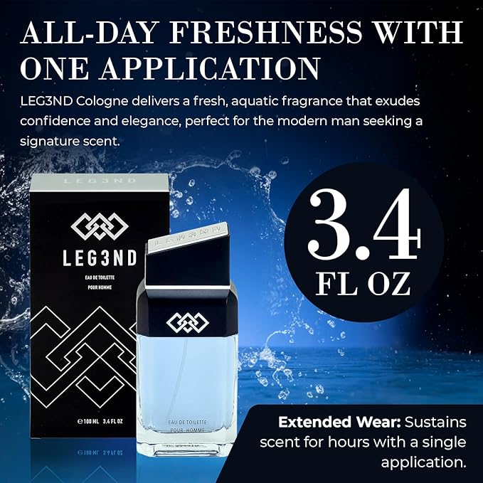 LEG3ND Cologne for Men 3.4oz EDT Spray | Long-Lasting Masculine Fragrance - Fresh, Aquatic & Spicy Citrus Scent for Everyday Elegance