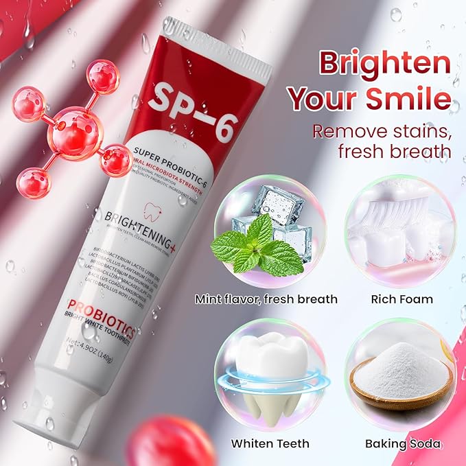 SP-6 Probiotic Whitening Toothpaste, SP-6 Probiotic Toothpaste, Enhanced Formula with 6 Probiotics for Teeth Whitening/Brightening, Enamel-Safe, Fluoride-Free, Fresh Mint Flavor, 4.9oz, 3Pack