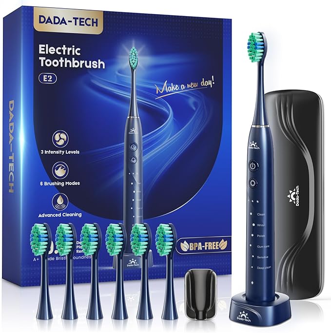 Electric Toothbrush for Adults Kids Electric Toothbrush Rechargeable Sonic Toothbrush Ultrasonic Toothbrush with Travel Case, Holder & 7 Brush Heads, 6 Modes & 3 Intensities, 2-Minute Timer (Blue)