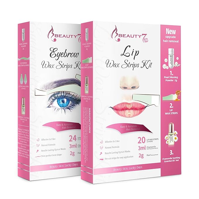 Beauty7 Wax Strips Kit, 2 SETS IN ONE PACKAGE. Eyebrow & Lip Facial Hair Removal with Pearl Powder Essential Oil for All Skin Types Women