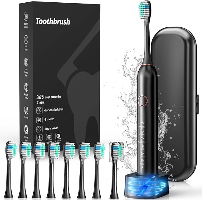 Electric Toothbrush, Sonic Type for Adults & Teens, 8 Brush Heads, Travel Case, 6 Modes, 40000 VPM Electric Motor, IPX7 Waterproof, 2 Minutes Timer, Wireless Charging, One Charge for 100 Days (Black)