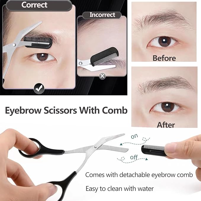 Eyebrow Scissors with Comb, KAJUDA Facial Hair Small Grooming Scissors For Men Women - Eyebrow Trimmer Scissor for Eyebrows, Nose Hair, Mustache, Beard, Eyelash - 3PCS Black