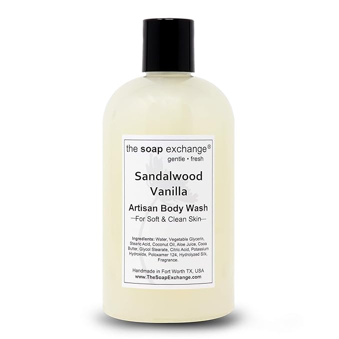 The Soap Exchange Body Wash - Sandalwood Vanilla Scent - Hand Crafted 12 fl oz / 354 ml Natural Artisan Liquid Soap for Hand, Face & Body, Shower Gel, Cleanse, Moisturize, & Protect. Made in USA.