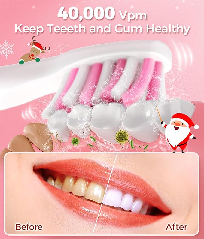 Sonic Electric Toothbrush for Adults, Power Electric Toothbrush with 8 Brush Heads, Travel Case, 40000 VPM Deep Clean 5 Modes, Rechargeable Toothbrushes Fast Charge 4 Hours Last 30 Days, Pink