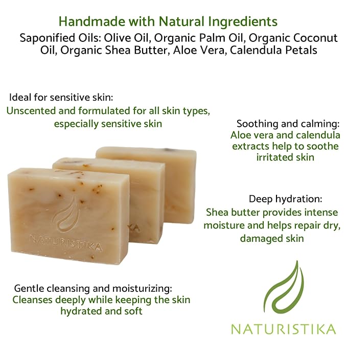 Aloe and Calendula Soap Bar (3 Pack), Vegan and All Natural Handcrafted with Organic Oils. Face and Body Soap. For Men, Women and Teens. Unscented with Shea Butter.