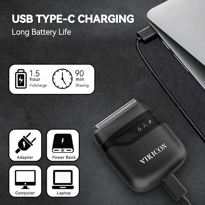 VIKICON® Electric Foil Shaver for Men, Portable Mini Travel Razor for Face & Beard, Dual Floating Blades for Close Shave, USB-C Fast Charging Waterproof On-the-Go Stubble Trimmer, Matte Black