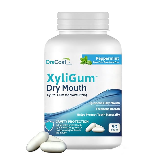 OraCoat XyliGum Dry Mouth Sugar Free Gum, 50 Piece Bottle, Peppermint Chewing Gum with Xylitol for Dry Mouth, Helps Stimulate Saliva, Breath Freshener, Supports Teeth & Gum Health