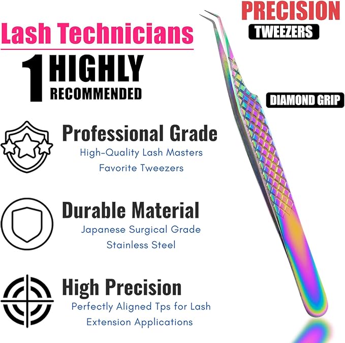 My Lash Tools Fiber Tip Lash Tweezers for Eyelash Extension Curved 45 Degree Angled Tweezer Best for Volume, Individual Isolation & Classic Lashes Stainless Steel Lash Supplies (Rainbow)