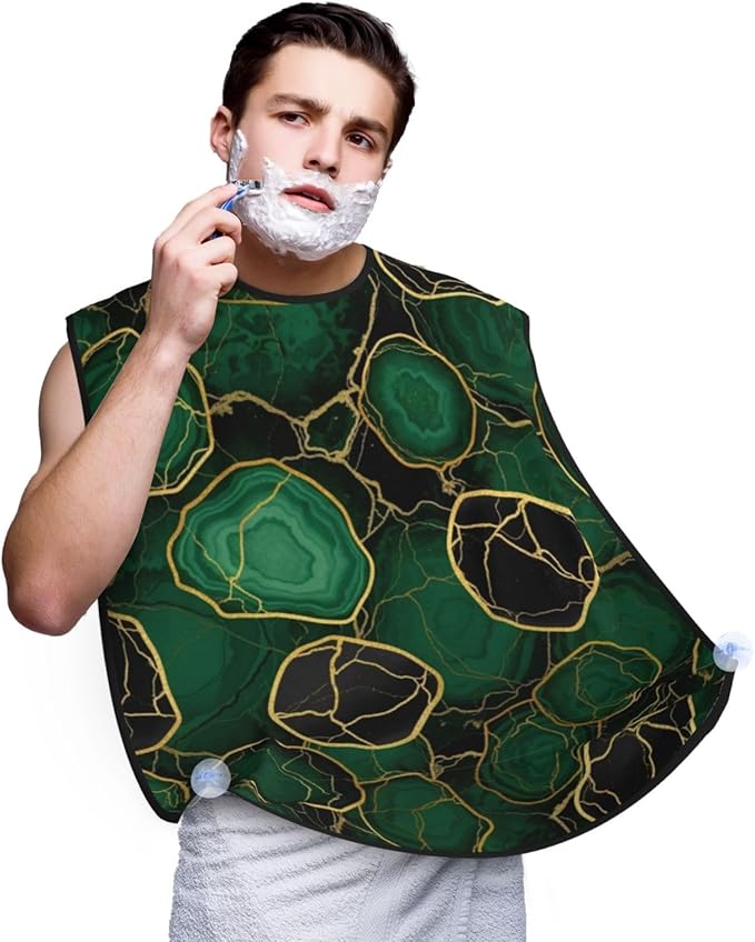 Men's Beard Maintenance Apron, Waterproof & Easy Clean, Emerald Green Marbled Gold Glitters Green Marble