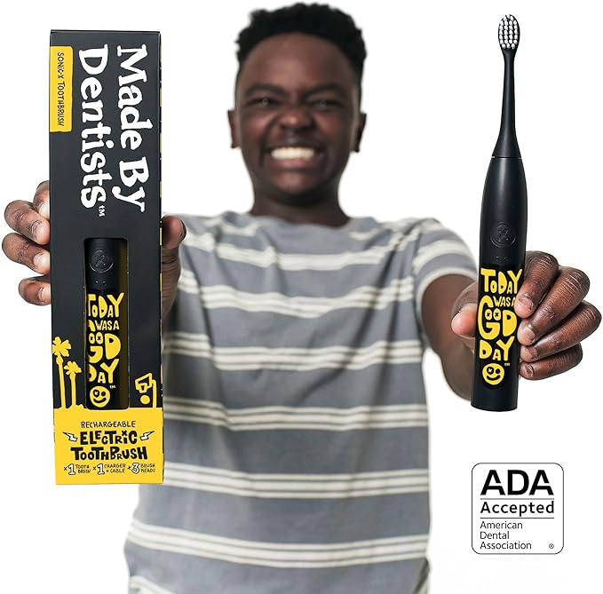 Made by Dentists Sonic X Electric Toothbrush – Rechargeable Kids Sonic Toothbrush, 8X Plaque Removal, 2 Speed Modes, 2-Minute Time, 6 Brush Heads Included, Tweens Ages 7+, Today was A Good Day Edition