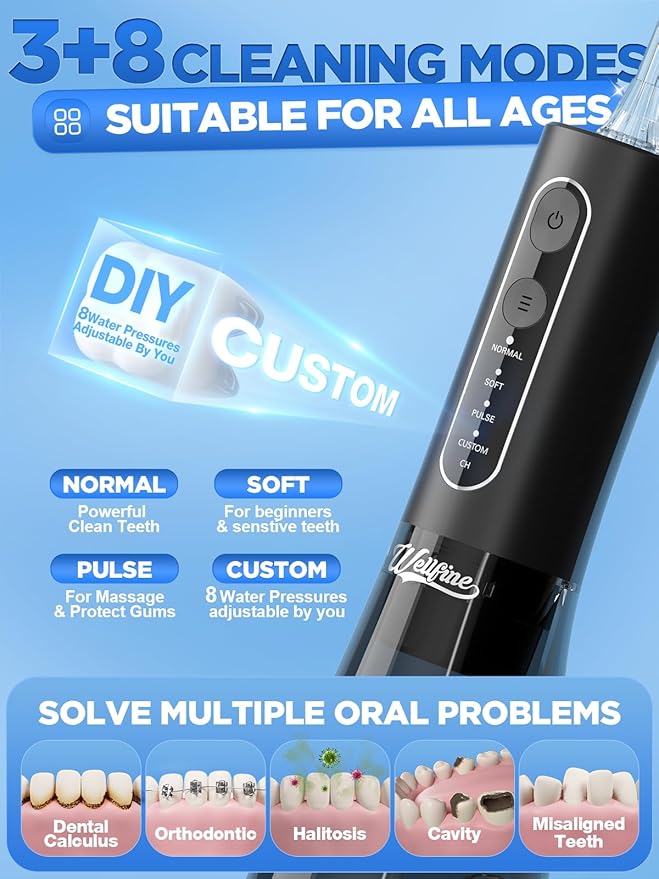WELLFINE Water Dental Flosser Teeth Pick: Portable Cordless 4 Modes Flossers Pic 300ML Rechargeable Floss Pik Powerful IPX7 Waterproof Oral Irrigator for Cleaning Gum Care Braces for Home Travel