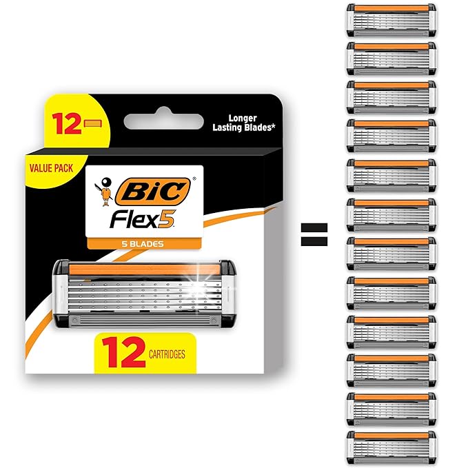 BIC Flex 5 Refillable Razors for Men, Long-Lasting 5 Blade Razors Refills for a Smooth and Comfortable Shave, 12 Razor Cartridges