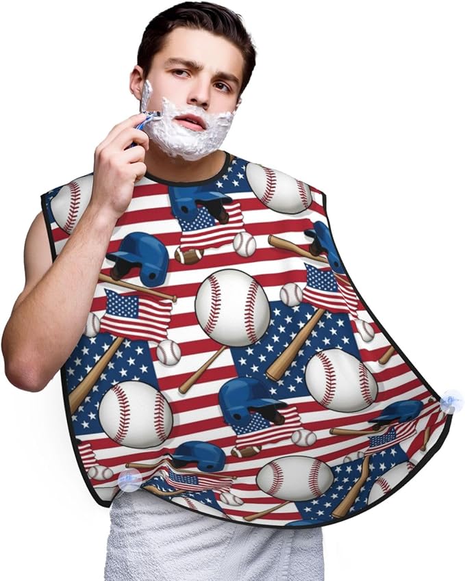 Waterproof Beard Trimming Bib, Non-Stick Hair Catcher for Men Shaving, Grooming Apron for Husband Dad, Baseball Rustic Wooden American Flag Shave Bib