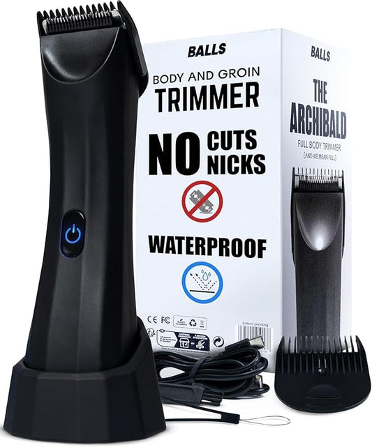 BALLS Trimmer V3 The Archibald - Body & Pubic Hair Shaver for Men - No Cuts, Sacksafe Guard, Rechargeable, 100% Waterproof, Cordless - Wet/Dry with Replaceable Ceramic Blades Archibald Trimmer