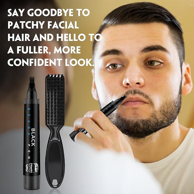 Beard Pencil Filler for Men Black - Beard Pen with Beard Brush, Barber Pencil Long-Lasting & Waterproof Mens Grooming Kits Create Natural Beard Color Gifts for Men, Mens Gifts Ideas (Black)