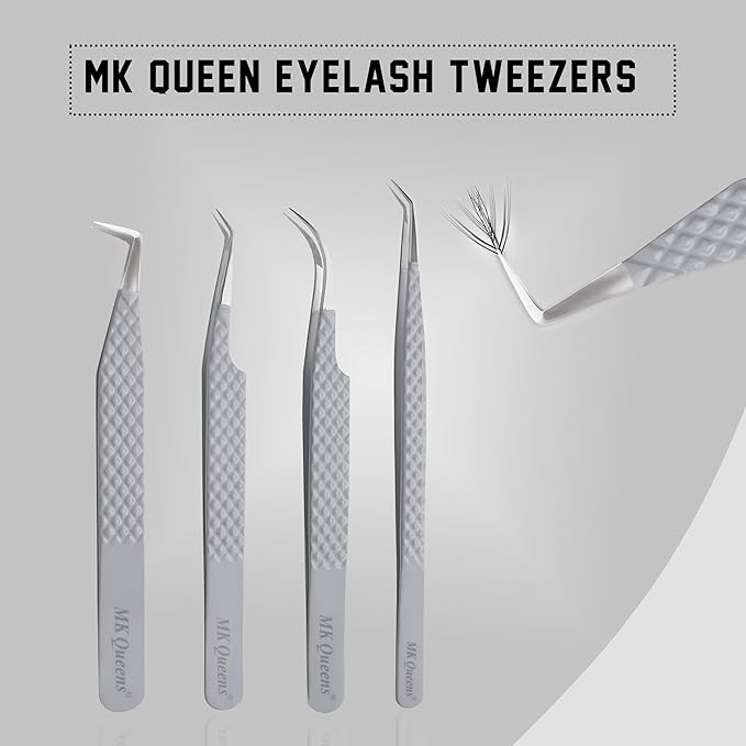 Lash Tweezers - Stainless Steel Fiber Tip Eyelash Tweezers (Set of 4) - Diamond Grip Professional Lash Tweezers for Eyelash Extensions (Grey)