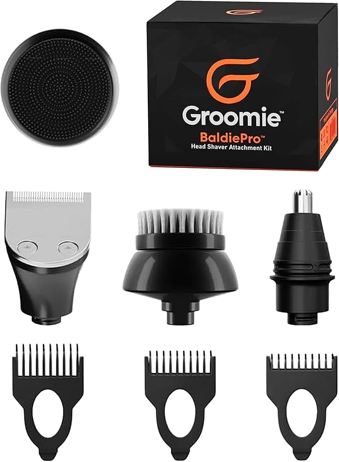 Groomie 7-Piece Men's Hair Clippers & Grooming Kit - Includes Precision Clipper, 3-5-7mm Clipper Guards, Ear & Nose Trimmers, Exfoliation Brush, and Pre-Shave Massager - Perfect for Beginners