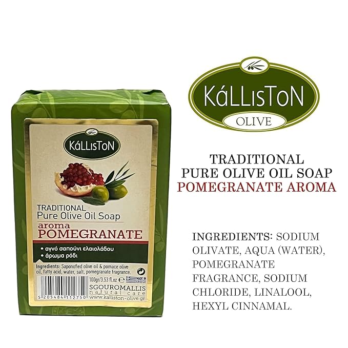 Kalliston, Pomegranate olive soap bar with volcanic Pumice Stone, hypoallergenic, moisturising, all-natural soap from Greece, Pack of 4